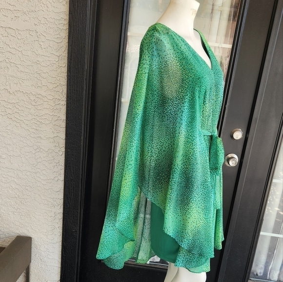 HALSTON Green Speckled Print kaftan style mini dress. Can tie at the front - Picture 4 of 9